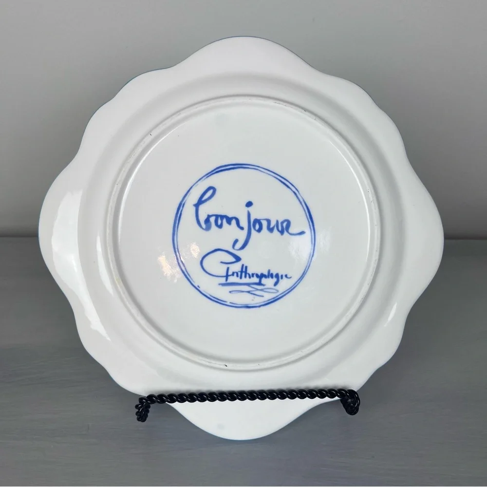 3 Bonjour ANTHROPOLOGIE HILDE Plaid White Blue Scallop Dinner Plate Cottagecore